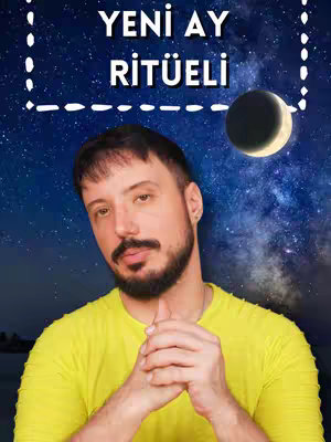 The cover image features a man against a starry night backdrop with text overlays. The man, with a beard, is in the foreground, wearing a yellow shirt, and clasping his hands. Above him, the text 'YENI AY RİTÜELİ' is displayed within a dashed rectangular border. A crescent moon is positioned to the right of the man's head.