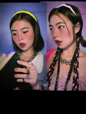Two side-by-side selfies. The left image focuses on a woman holding a black object, with a surprised or thoughtful expression, and a yellow headband. The right side shows the same woman in a slightly different pose, with long braids, a white headband, and a similar expression.