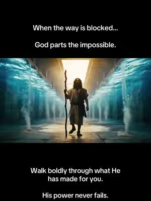 The image depicts the scene of Moses walking through the parted Red Sea. In the foreground, a figure resembling Moses is seen walking towards the viewer, holding a staff. The water on either side is depicted as walls, suggesting the parting of the sea. Above, text overlays provide a message about faith and God's power. The image is set in a dark background with a gradient that gives a dramatic effect. Text at the bottom highlights the theme of faith and trust.