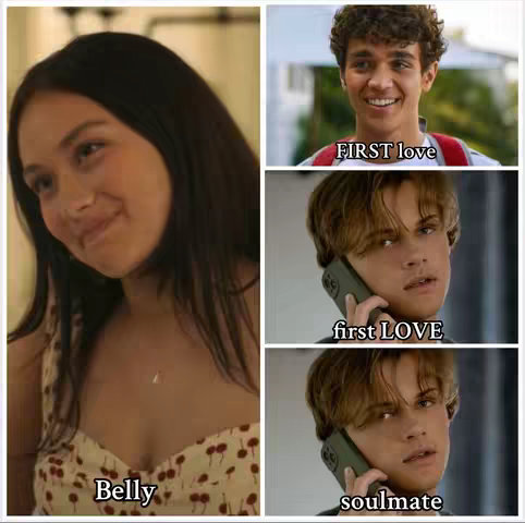The image is a collage featuring three distinct visual elements. On the left, a woman with long, dark hair and a cream-colored dress with a cherry pattern looks at the camera with a smile, titled 'Belly'. At the top right is a young man with curly brown hair, smiling, and in the middle of the top is labelled, 'FIRST love'. Below, the same young man in a phone call appears twice, the text is 'first LOVE' and 'soulmate'
