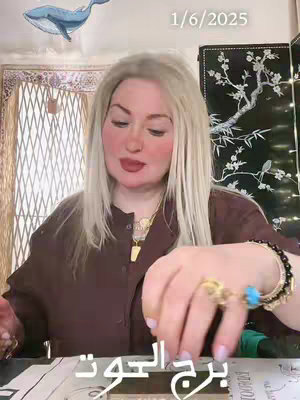 A woman with blonde hair and red lipstick is sitting at a table with cards. A blue whale illustration floats in the top left corner and the date 1/6/2025 is in the top right. Arabic text appears at the bottom of the image.