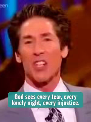 The image shows Joel Osteen, with the text overlayed with a green background below his neck. He is looking up and to the viewer's left with a slight smile. The background is blurred with warm tones.