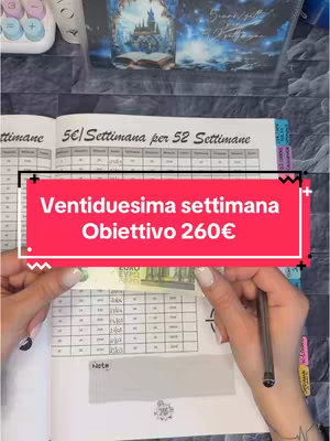 The cover image shows a person's hands managing a financial planning notebook, with the text overlay indicating it's about saving money. The composition includes a notebook with handwritten notes and a red banner with the text 'Ventiduesima settimana Obiettivo 260€'. A euro banknote is visible, symbolizing the context of the content. The background has some stationery, and the lighting appears natural.