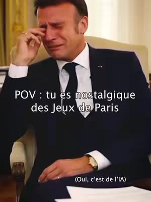 The image shows Emmanuel Macron with tears in his eyes. He is wearing a suit and tie, with text overlaying the image.