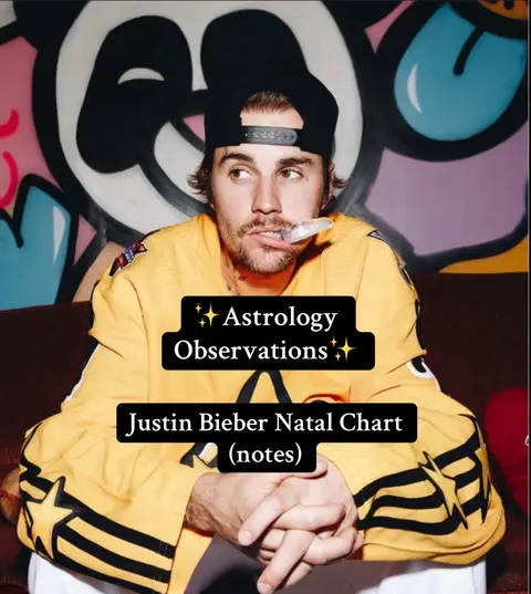 The image features Justin Bieber in a yellow jacket and a black cap, with text overlays on the image. The background has graffiti art. Justin Bieber is shown from the chest up, looking off to the side with a surprised look, holding a small object in his mouth.