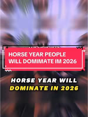 The cover image is a vertical composition, featuring a blurred background that transitions from purple at the top to a lighter, more white-ish hue towards the bottom. Overlaid on this are bold, colorful text elements within rectangular boxes and a white zig-zag element for emphasis. A red box with white text is centrally positioned, presenting the phrase: "HORSE YEAR PEOPLE WILL DOMINATE IN 2026". Below it, a yellow-colored box with white text saying "HORSE YEAR WILL DOMINATE IN 2026".
