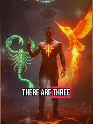 A digitally enhanced illustration depicting a muscular man standing centered in a scene with a dark, smoky background and an orange and yellow glow. To the left, a large green scorpion is drawn, and to the right, a phoenix with blazing orange wings. The man's body has a glowing symbol on the chest. Text at the bottom states 'THERE ARE THREE' in a white font. The overall composition utilizes a dynamic, superhero-like aesthetic.