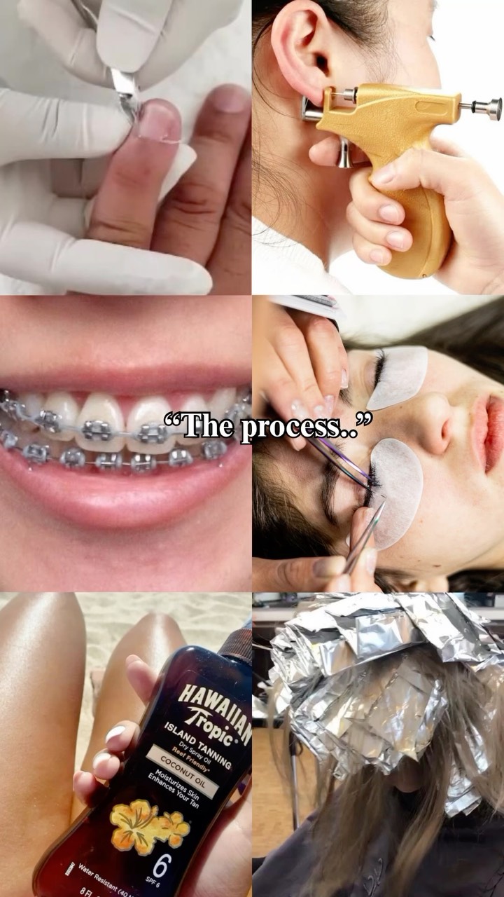 A collage of images, showcasing various beauty and self-care procedures. It includes a nail being trimmed, an ear being pierced with a piercing gun, a close-up of braces on teeth, someone getting eyelash extensions applied, a bottle of tanning oil and legs on the beach, and a person with hair in foils for highlighting.