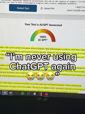 The image shows a screenshot of a text analysis tool displaying text generated by AI, highlighted in yellow. The text overlayed on the image says "I'm never using ChatGPT again" with crying emojis. The background suggests a computer screen, and the overall composition highlights the AI-generated text.