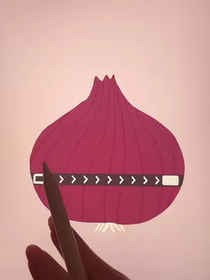 An illustrated image shows a stylized red onion with a sectioned, rectangular band encircling its midsection. A hand holding a stylus or pen is positioned near the band. The background is a soft, pinkish-beige color.