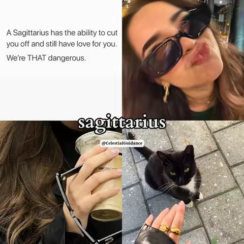 The image is a collage divided into four sections arranged in a square. At the top left, there is text over a white background. The top right features a close-up of a woman with black sunglasses making a kissing face. The bottom left displays a woman's hand holding a drink, and the bottom right shows a black and white cat.