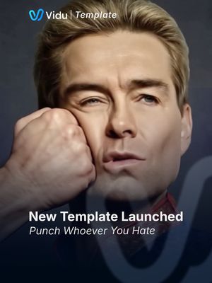 The cover image is a promotional graphic featuring a close-up of a man's face with blonde hair and a serious expression. He is pressing his fist against his cheek as if deep in thought or frustration. Text overlays indicate the video's focus on a new template for Vidu, emphasizing the theme of 'punching back' at various annoyances. The color scheme is dark, setting a serious tone.