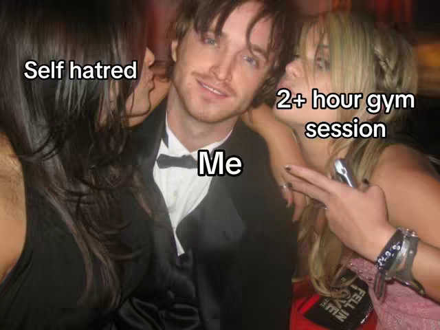 A meme-style image with text overlays. The image features a man in a tuxedo being flanked by two women, one on each side, who appear to be kissing his cheeks. Text overlays read 'Self hatred,' 'Me,' and '2+ hour gym session.'