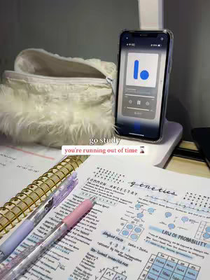 The cover image shows a well-lit desk setup with study materials. In the foreground, there are sheets of handwritten notes with a pen resting across them. A cellphone displaying a music app is propped up on a stand. The image is well-lit, with a soft, warm glow.