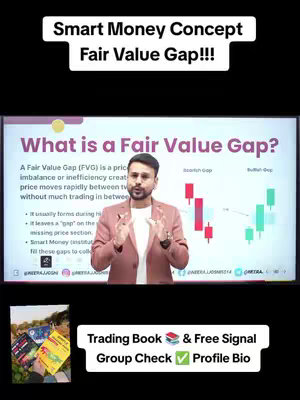 The cover image is a vertical composition with a man standing in front of a screen. The screen displays a chart with red and green candlesticks and detailed explanations of 'Fair Value Gap'. The man on the screen wears a light pink blazer over a white shirt. At the bottom of the picture, there is a collage of books and texts.
