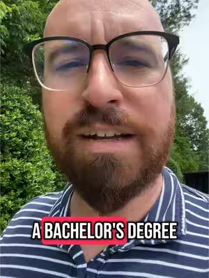 A medium shot of a man wearing glasses, a striped shirt, and a beard, set against a blurred green background. A text overlay reads, "A Bachelor's Degree".