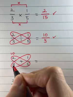 A handwritten page with math problems about fractions. Three different fraction equations are presented, along with a hand pointing to the calculations.