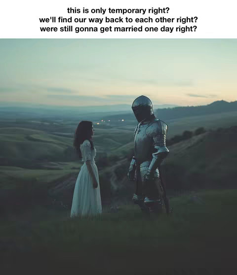 A cinematic image of a woman in a white dress and a knight in shining armor standing in a field, facing each other. Green hills stretch into the distance under a dusky sky. Text overlay at the top poses questions about their future.
