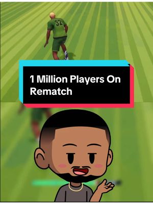 The cover image is a vertical graphic with a split design. The top section shows a low-angle view of a rendered soccer field with a player in a green uniform. The bottom section features a cartoon avatar of a man with dark skin, a beard, and black hair, smiling and looking at the viewer. A rectangular bar in the middle of the image displays the text '1 Million Players On Rematch'. The color scheme is dominated by green tones for the field, with the text bar in black and turquoise, and the overall composition is modern and eye-catching.