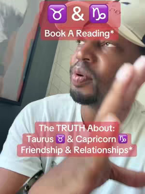 The image shows a man with dark skin, wearing a white shirt and a tan cap. He is looking up and to the left with an open mouth. Text overlays include the zodiac symbols of Taurus and Capricorn, and a pink rectangle with text.