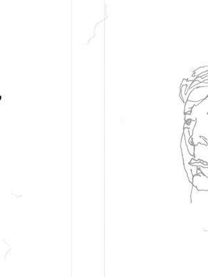 A minimalist line drawing portrait of a person’s face is depicted on the right side, while a few scattered lines are seen on the left. The style is clean and modern, with a white background.