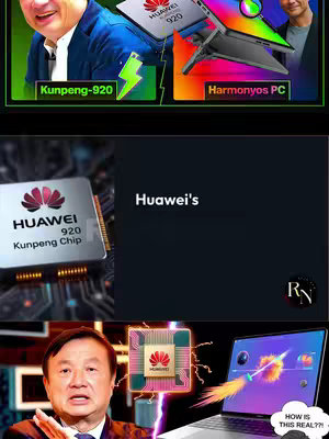 The image is a multi-layered composition. In the top section, there's a split screen: a man in a blue blazer on the left, and a rendering of a laptop on the right. Text overlays label these sections as Kunpeng-920 and Harmony OS PC, accompanied by a lightning bolt and a colorful gradient on the laptop screen. Below, a close-up shot of a chip is labeled Huawei 920 Kunpeng Chip. Below this is a man speaking in a suit. Below the speaking man is a digital illustration of a chip above a rendered laptop, with a light coming from the chip toward the laptop screen.