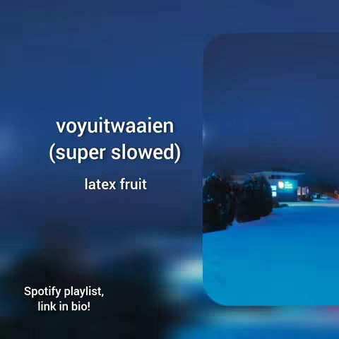 The cover image is a vertical composition with a dark blue gradient background, transitioning from a deeper tone at the top to lighter blue at the bottom. Overlaid on this are rounded rectangles. The rectangles contain white text conveying the video title and details and also the call to action with "Spotify playlist, link in bio!". In the lower right corner, there's a glimpse of what appears to be a building with lights, suggesting an outdoor nighttime scene, with black, silhouetted shrubbery. The overall aesthetic is clean and modern, with a focus on text to communicate the key information