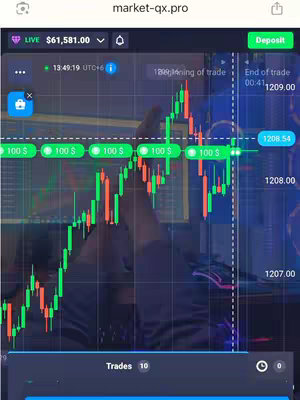 A screen recording of a trading interface, with candlestick charts indicating price movements in green and red. Information includes a live balance, time, and trading data. The background is blurred, suggesting the focus is on the trading interface.