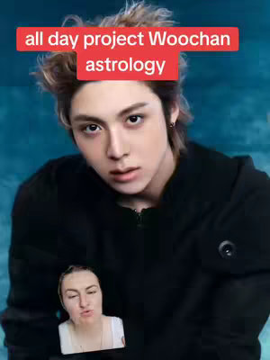 The image features a young man with light-colored hair in the center, gazing at the camera. Above his head is a red rectangular text overlay, and at the bottom left, a small video of a woman is framed. The background has a subtle blue gradient resembling water, and the man wears a black jacket.