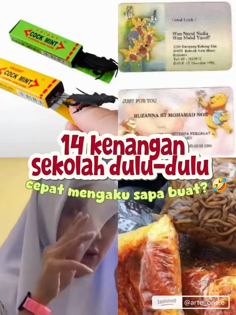 The image is a collage of several elements capturing nostalgic school memories. In the top left, there are toy insects, as well as business cards. The central part of the image has text overlays with the title, and in the bottom left corner, a woman in a white hijab is looking at the camera while touching her face.