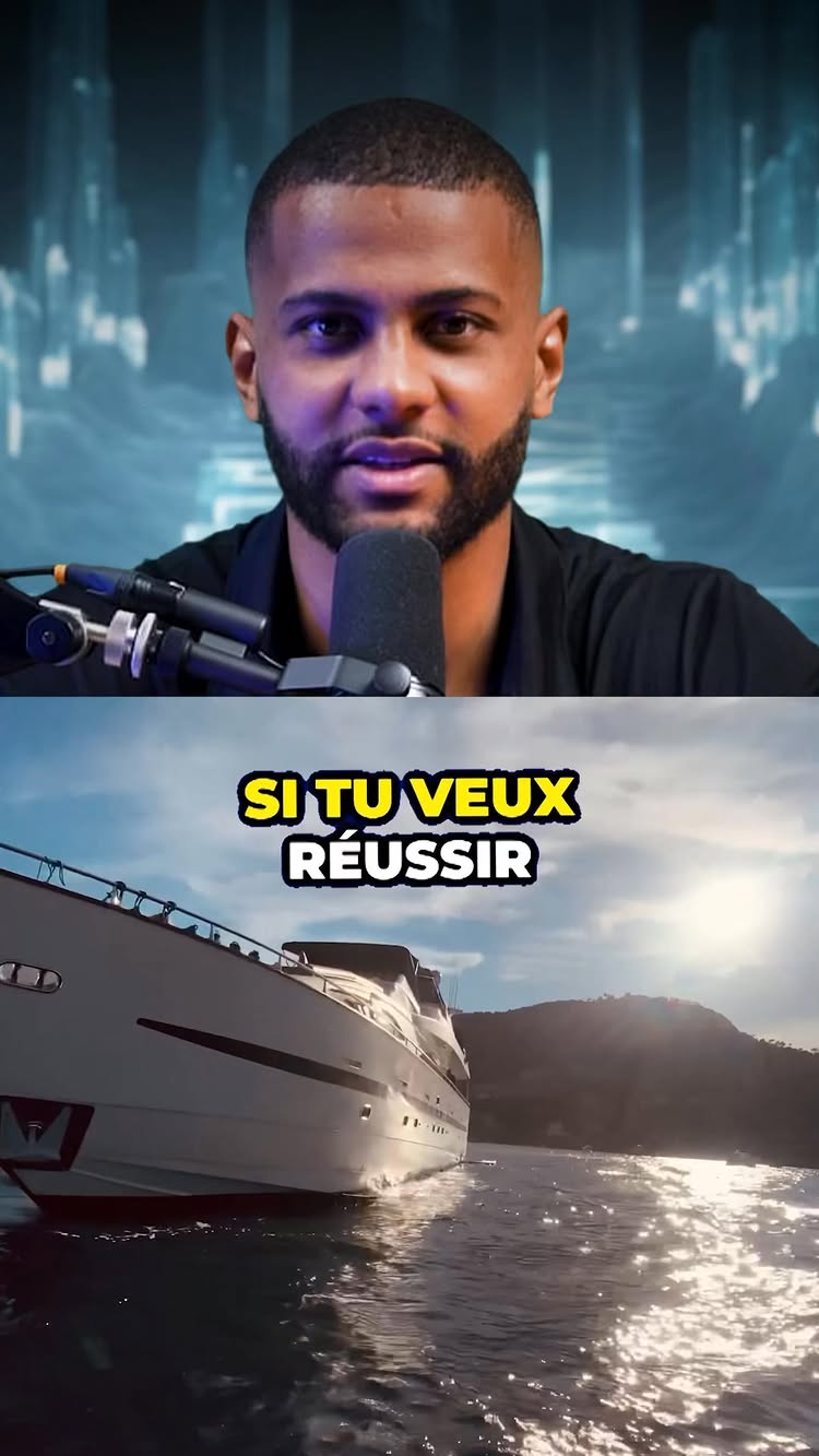 The image showcases a split scene. The upper half features a man with a beard and a microphone in front of a blurred background colored in blue and white. The lower half features a view of a yacht sailing on water under a bright sky.