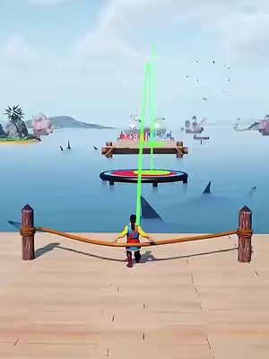 A stylized image of a digital game scene, likely a mobile game, set on a tropical island with wooden docks and archer target, where the player character is positioned along a thin rope.