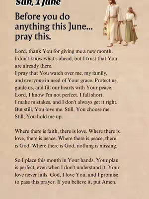 The image features a religious scene with text overlaid. In the background, there are illustrations of Jesus and another figure. The text reads a prayer for the new month of June, with a message of faith and gratitude.