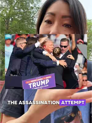 A woman's face is in the foreground, partially obscuring a picture in the background featuring a group of people, including Donald Trump, embracing. Text overlays at the bottom read, 'THE ASSASSINATION ATTEMPT' and appear to be purple in color.