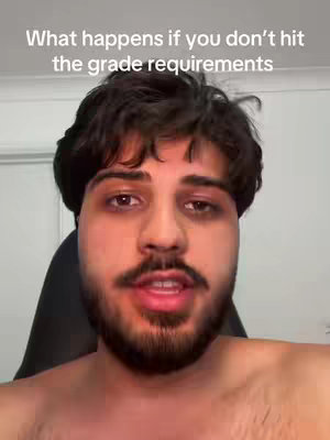 A close-up shot of a man with brown hair and a beard, against a blurred out background. The man is looking at the camera and speaking. Text overlaid at the top reads "What happens if you don't hit the grade requirements".