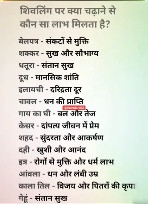 The image has a white background, with a list of Hindi text in black. The top text is in a larger font than the rest. Each line of text has a heading and a subheading, detailing what is achieved by offering certain items. The text is well-spaced.