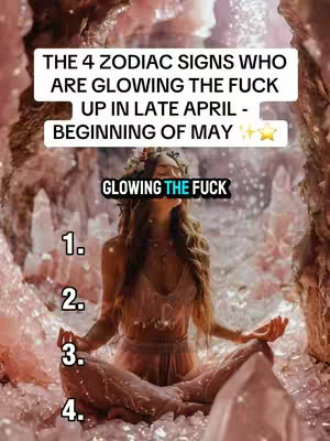 An image of a woman sitting cross-legged in a cave-like setting. The background is a mix of pink and white, with the texture of what appears to be stone formations. Overlaid text indicates this is about zodiac signs. The woman is wearing a light-colored outfit and a floral headpiece and is in a meditating pose.