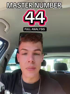 A young man is shown in the front seat of a car, with text overlays at the top and bottom. The top overlay displays "MASTER NUMBER" in a bold white font on a black background, with a large, colorful "44" in a red and pink design beneath it. A smaller black banner, "FULL ANALYSIS," is located under the number. The man is looking at the camera.