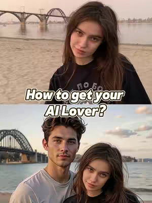 The image is divided into two sections. The top half shows a young woman posing on a beach, with a bridge and water in the background. The bottom half presents a couple, a man and a woman, also near water with a bridge behind them. The overall composition gives a balanced and appealing aesthetic.