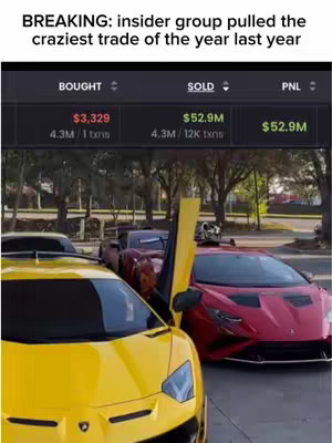 The image shows a display of stock trades, with a list of expensive sports cars in the background. The display shows a financial transaction with a bought amount of $3,329 and a sold amount of $52.9M, totaling a profit of $52.9M as well.