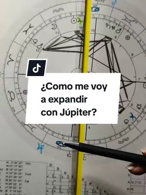 The image shows a simplified astrological chart with various symbols and lines, a yellow vertical line, and a hand with a pen pointing to a specific point on the chart. A text overlay in a white box asks, "¿Como me voy a expandir con Júpiter?" The TikTok logo is visible at the upper left.