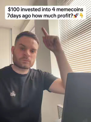 A man is pointing upwards in front of a window with blinds. Text overlayed on the image asks about the profit from a $100 investment in meme coins.