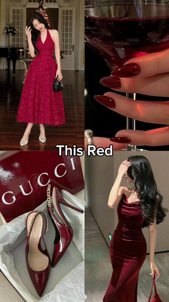 A collage featuring four images: a woman in a red dress, a close-up shot of red nail polish, a red Gucci box with matching heels, and a woman in a second red dress. The text overlay says, "This Red."