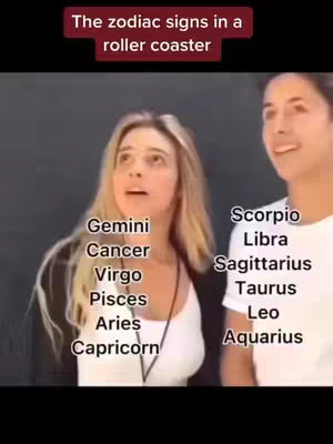 The cover image shows two young women standing side by side, with a gray background. The text overlay at the top reads "The zodiac signs in a roller coaster" in a maroon box. The image has a list of zodiac signs on either side.