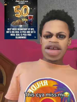 The cover image shows a young man with an exaggerated facial filter, against a bright pink background. Behind him, a promotional graphic for KFC is displayed, featuring a meal deal offer. The man's face is the primary focus, with distorted features. Overlaid at the bottom is a text hook in a stylized font.
