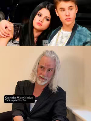 The image is split into two sections. The top half shows a seated Selena Gomez and Justin Bieber, with Gomez on the left with her arm around a person. Bieber is on the right looking at the camera. The bottom section features a man with long, white hair. There's text overlay saying 'Cancerian Water Monkey Vs Scorpio Fire Rat'.