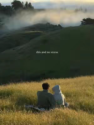 A scenic landscape featuring rolling green hills under a cloudy sky.  Two individuals are seated in the tall grass, their backs to the camera, enjoying the view. The text overlay 'this and no stress' is centered at the top third of the image.