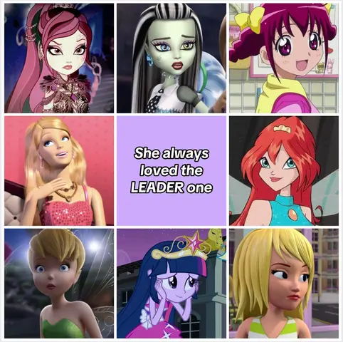 A grid of nine images of animated female characters, with the text "She always loved the LEADER one" in a central, light purple square.