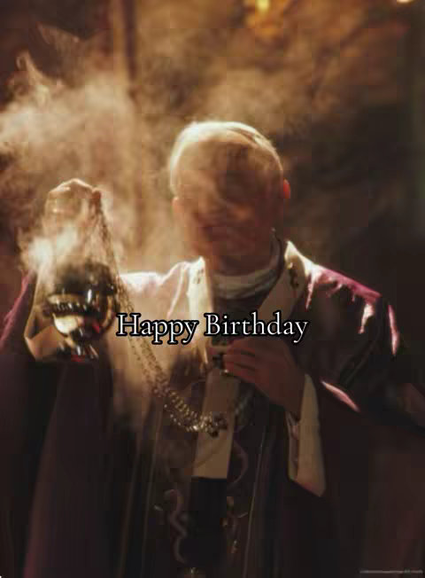 The image features a person in religious garb amidst a cloud of smoke. The person, facing away, is holding a censer. The background is dark and atmospheric.