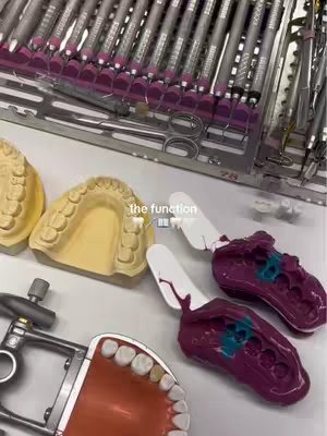 The cover image shows dental tools and models. Tools include stainless steel instruments, trays, and dental molds. There's a model of teeth (top and bottom) with red substance on the surface. The background is white.